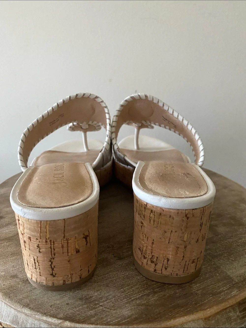 Jack Rogers White Leather Cork Thong Platform Sandals with Floral Stitching 7